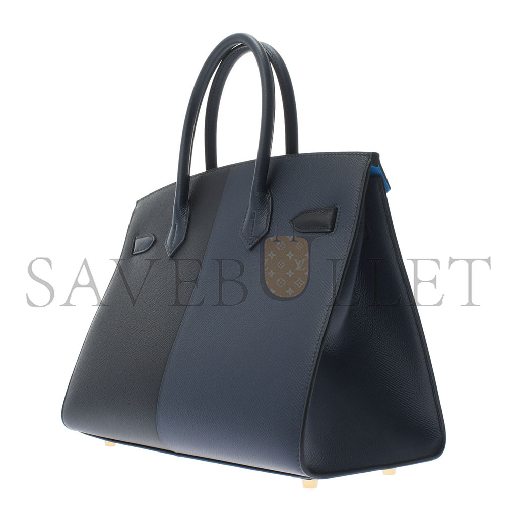 HERMÈS BIRKIN 25 EPSOM BLACK AND MIDNIGHT BLUE WITH FLORIDA BLUE INTERIOR GOLD BUCKLES H028367CC01 (25*18*13cm)